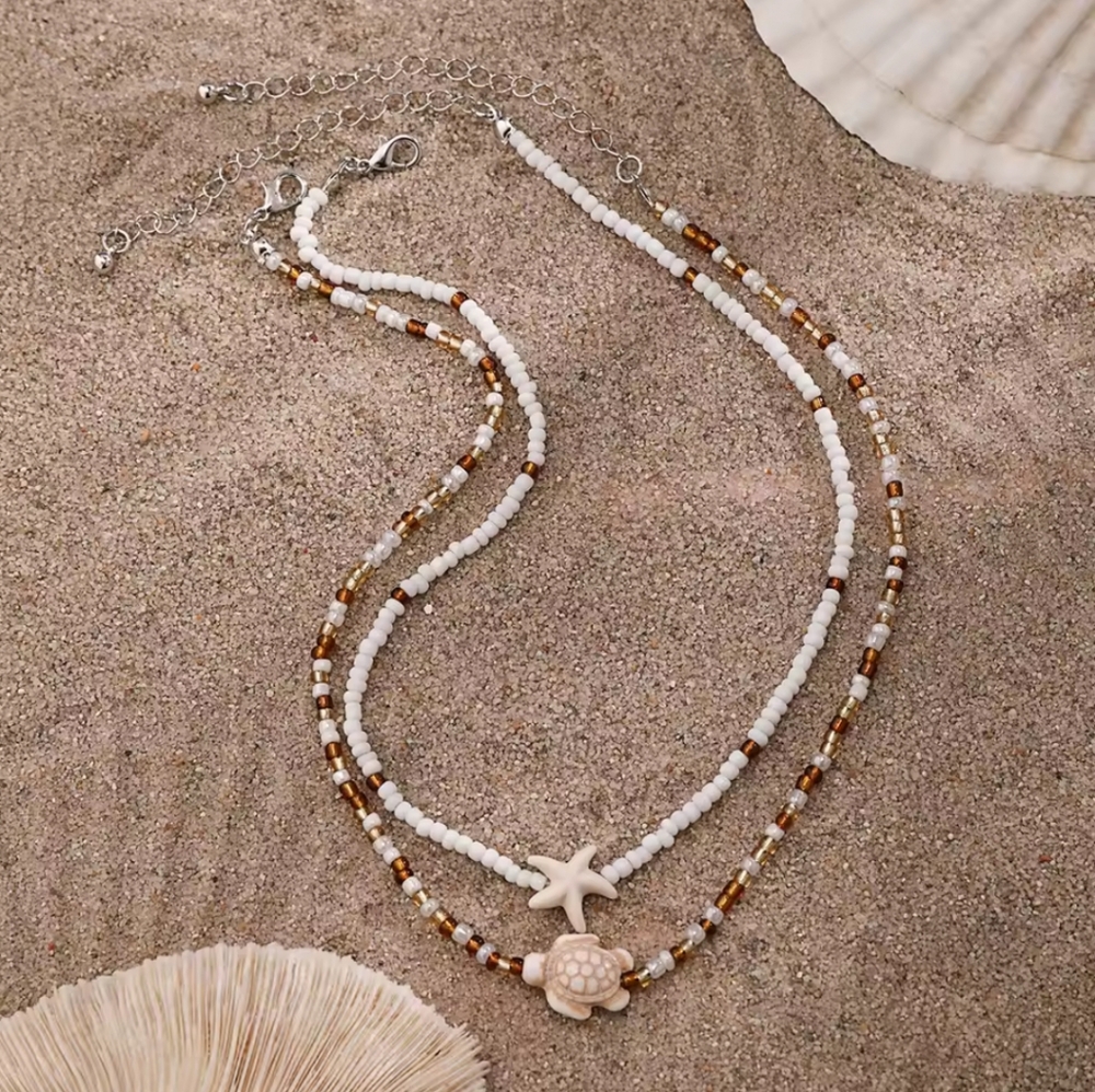 Beaded Starfish & Turtle Necklace Set - Picture 2 of 4